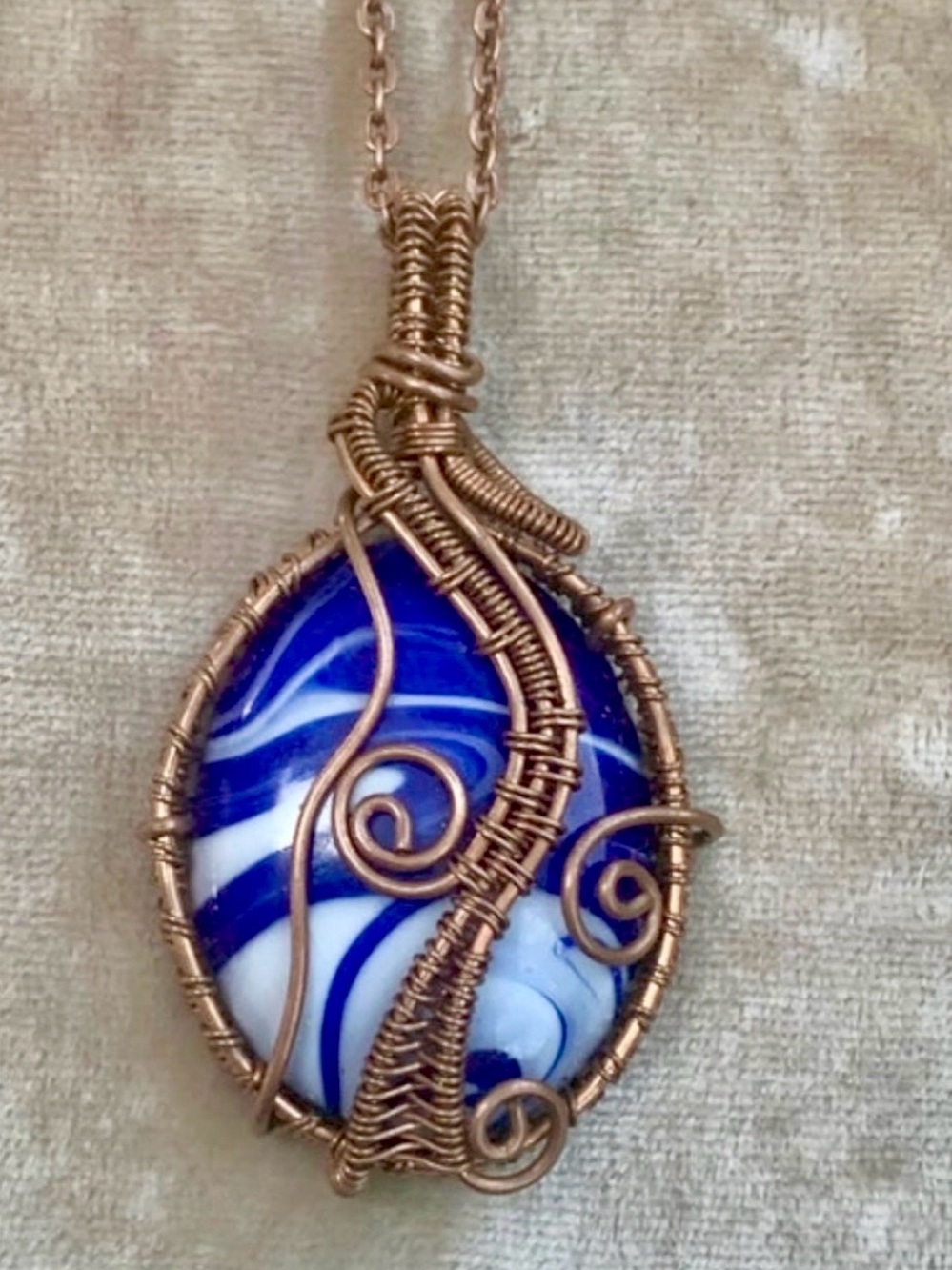 Handmade Copper Wire-Wrapped Blue & White Botswana Pendant Necklace